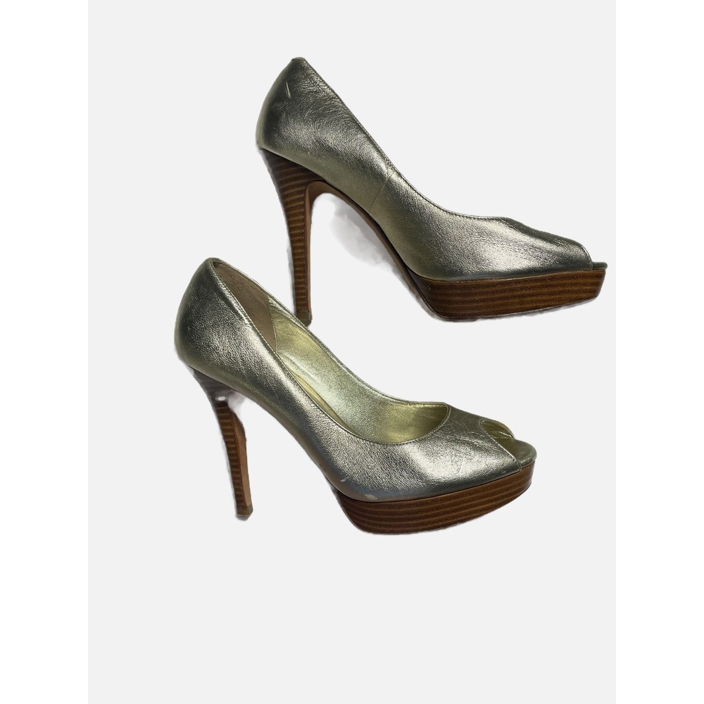 Cole Haan Peep Toe Pumps Womens 8.5B Gold Metallic Nike Air Platform Heels Party